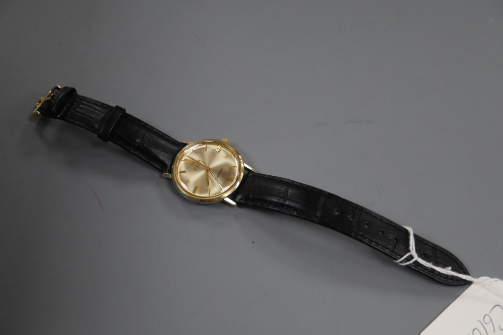 A gentlemans steel and gold plated Omega Seamaster Automatic wrist watch, on later associated leather strap.